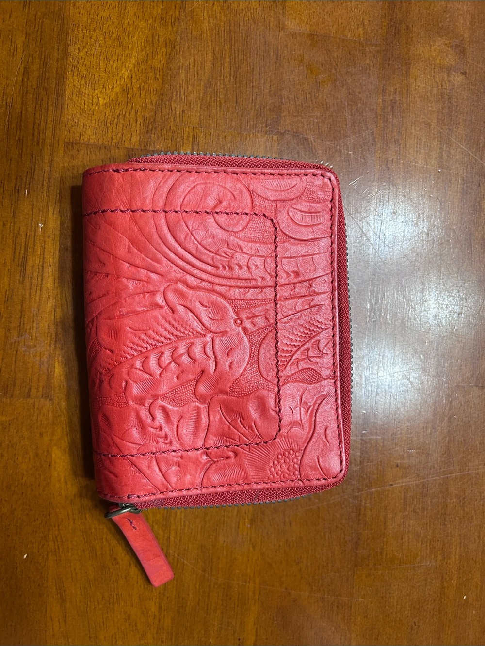 American Leather Co. Compact Red Embossed Leather Zip Wallet - Women